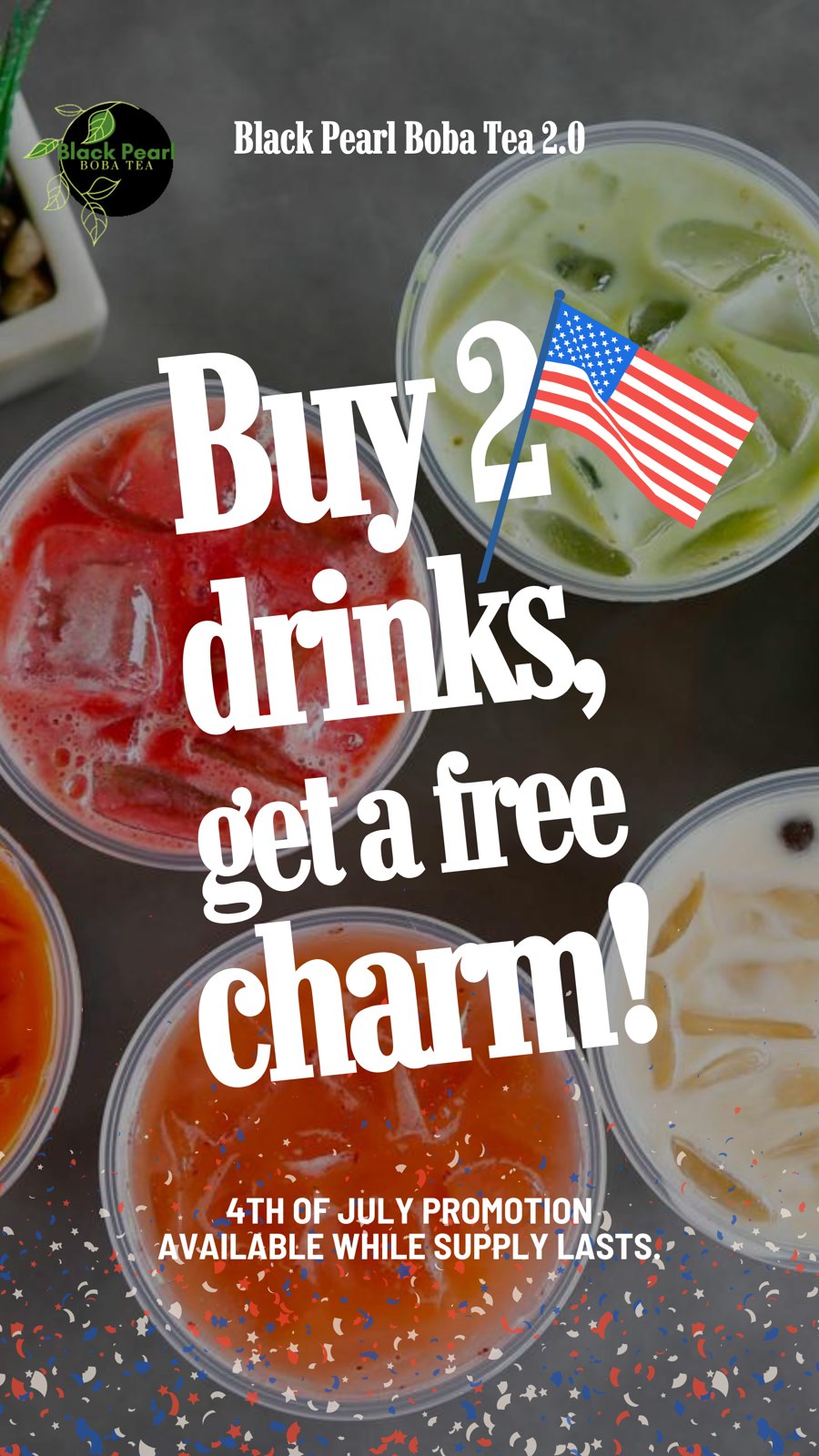 Black Pearl promotional story design featuring drinks and a free charm offer