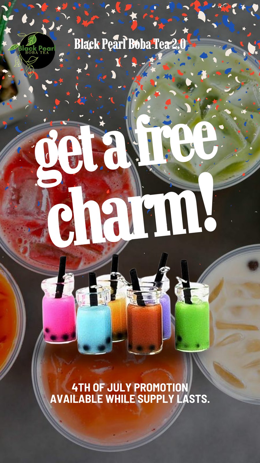 Black Pearl story design showing colorful drinks and the charm promotion