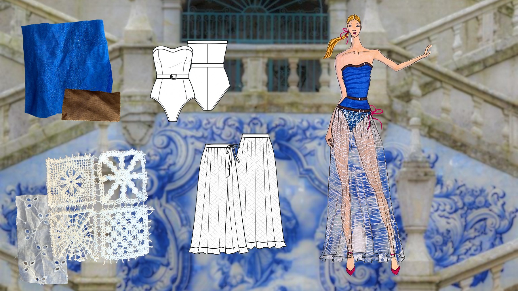 Blue and white resort look with lace trousers
