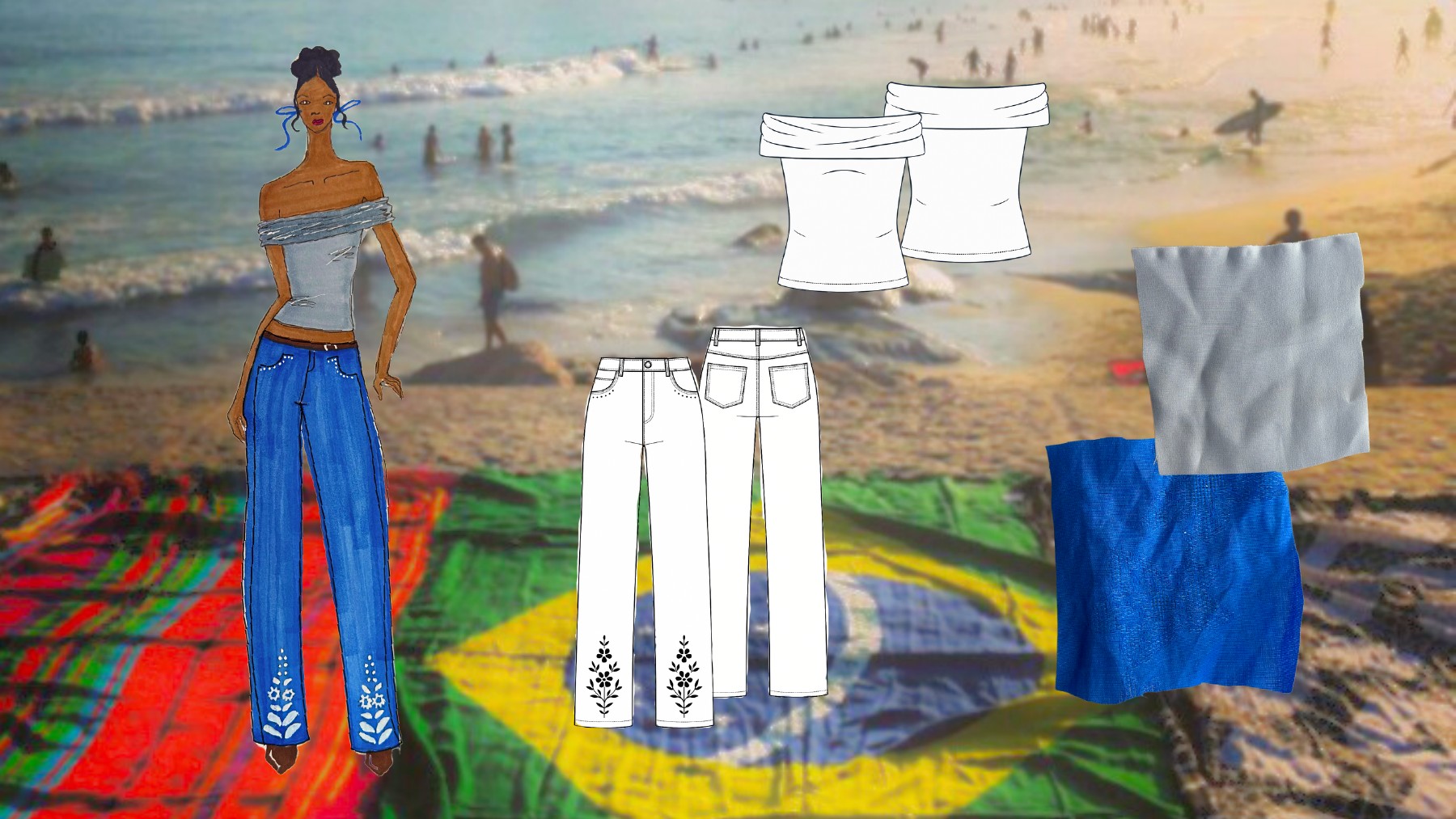 Proposed off-shoulder top and blue trousers
