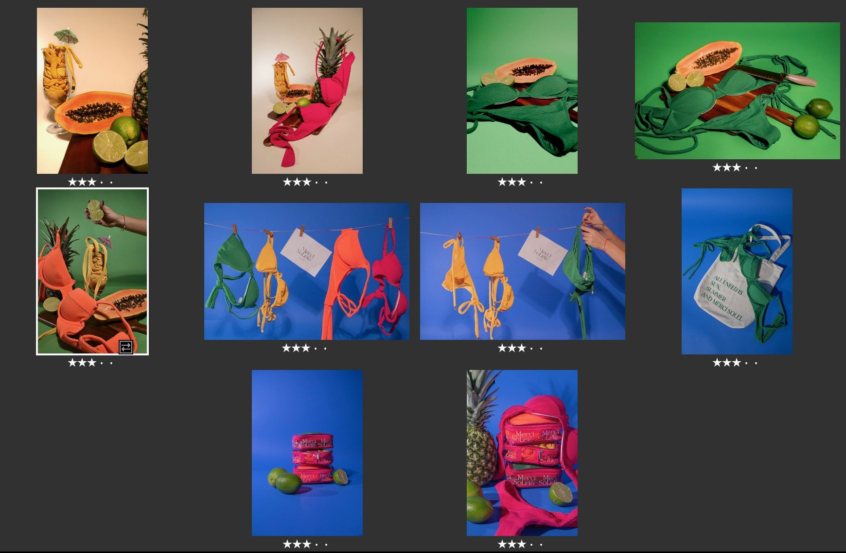 Merci Solei · Product photography selection contact sheet
