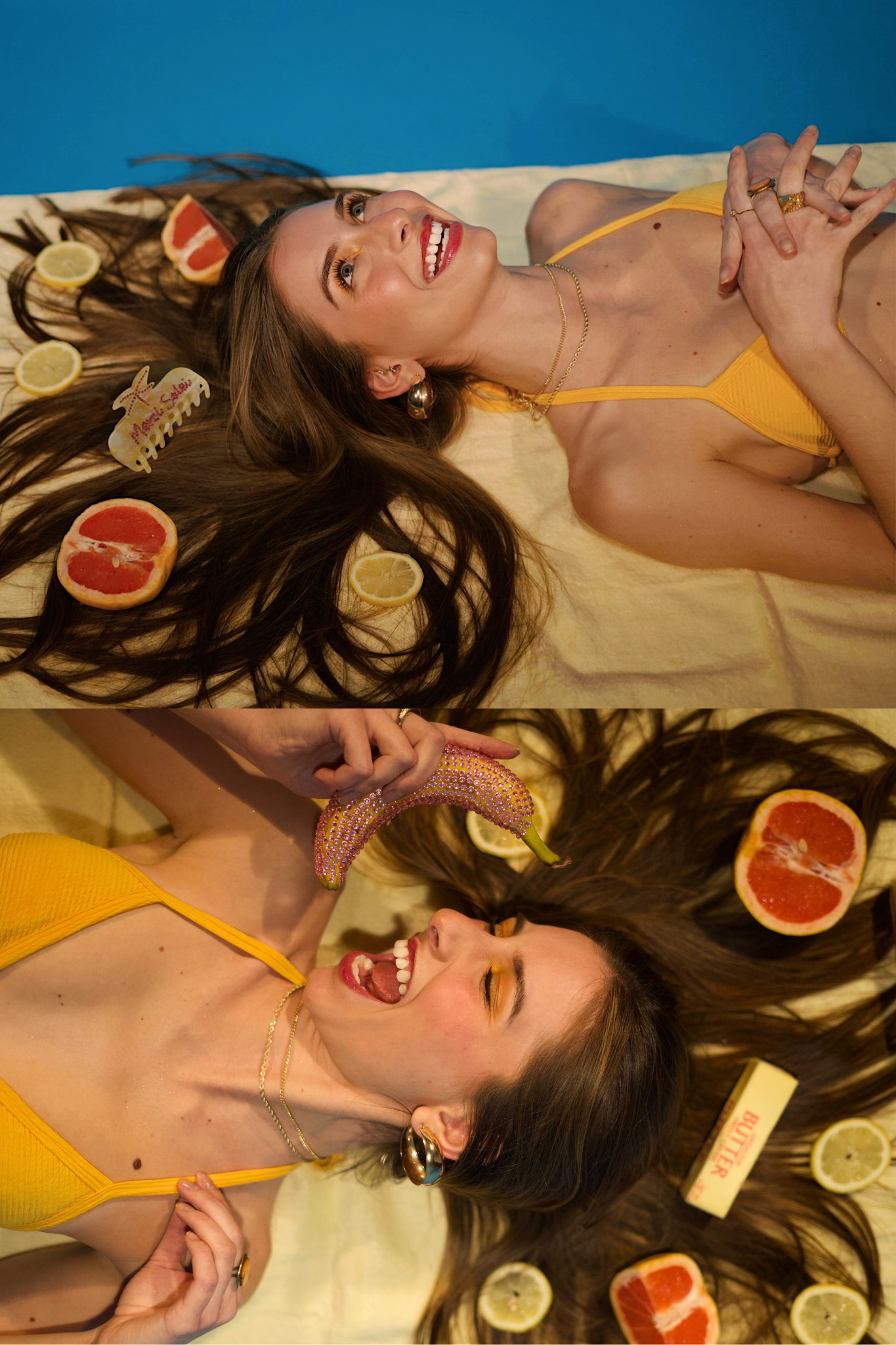 Overhead Solei Clip editorial with citrus and yellow styling